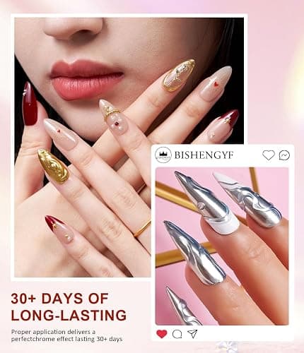 BISHENGYF Kit de poudre à ongles chromée et gel 3D pour nail art 4-en-1, avec poudre à ongles miroir sans essuyage pour ongles or rose et argent, base solide transparente couleur gel 3D pour nail art thumbnail 7
