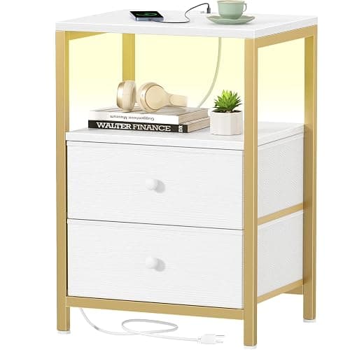 BOLUO Gold Nightstand with Charging Station, LED Night Stand with 2 Fabric Drawers, Bedside Table with USB Ports and Outlets, Nightstand for Bedroom Modern - Image 1