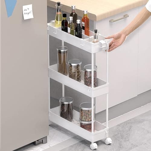 SPACELEAD Slim Storage Cart 3 Tier,Bathroom Organizer Rolling Utility, Mobile Shelving Unit Slide Out for Office, Kitchen, Laundry Room & Narrow Places,White - White thumbnail 3