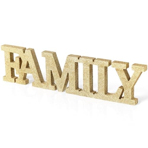 Wonderjune Wood Family Sign Home Wall Decor Rustic Table Sign, Glitter Gold | Wooden Family Letter Signs Room Decoration, for Pantry Kitchen Livingroom Bedroom Shelf Mantel Fireplace Tables Centerpiece - Image 1