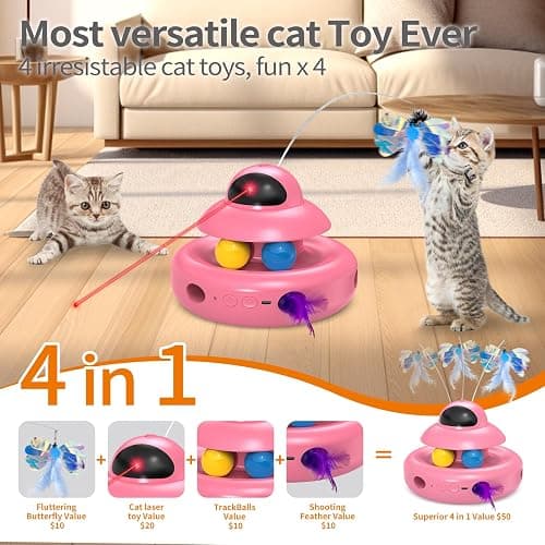 MOHAYA Automatic Cat Toys,4-in-1 InteractiveCat Toys for Bored Indoor Adult Cats, Electric Flying Butterfly,Rechargeable Moving Ambush Feather,Pink Kitter Toy Track Balls thumbnail 3