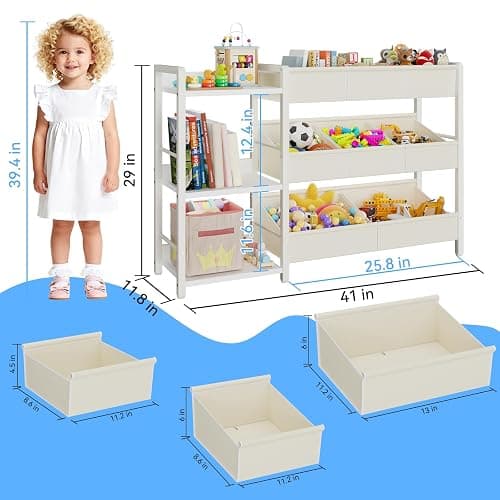 CYXPHION B7 Toy Storage Organizer with 3-Tier Wooden Shelves and 8 Bins, Toy Chest Storage, Toy Shelf Organizer, Kids Bookshelf and Toy Storage for Kids Room, Bedroom, Playroom, Nursery, White thumbnail 2