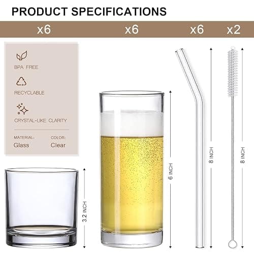 [ 12 Pack ] Glass Cups with Glass Straws, 12oz Highball & Rock Drinking Glasses, Everyday Drinkware Glasses Set, Cute Tumbler Cup, Kitchen Glasses for Iced Coffee, Water, Beer, Cocktail, Whiskey Gift. thumbnail 3