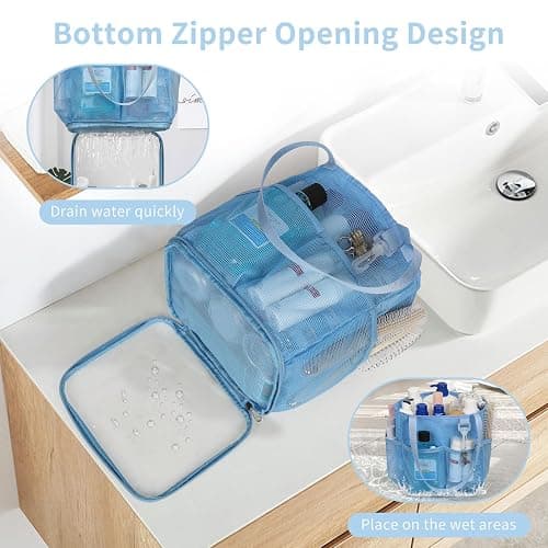 Mesh Shower Caddy Portable for College Dorm Room Essentials, Shower Tote Bag with Hanging Hook and Drawstring, Quick Dry Toiletry Bag with 6 Pockets for Bathroom, Swimming, Gym, Camping, Beach, Travel - Blue thumbnail 4
