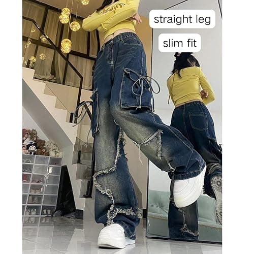PEAINJ Star Jeans for Women Girls Baggy Cute Patchwork Denim Pants Y2k High Waisted Jeans Grunge Aesthetic Clothes thumbnail 3