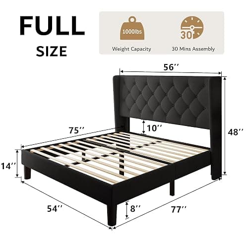 iPormis Full Size Platform Bed Frame with Button Tufted Headboard, Upholstered Bed Frame with Solid Wooden Slats, 8" Underbed Space, No Box Spring Needed, Noise Free, Easy Assembly, Black thumbnail 2