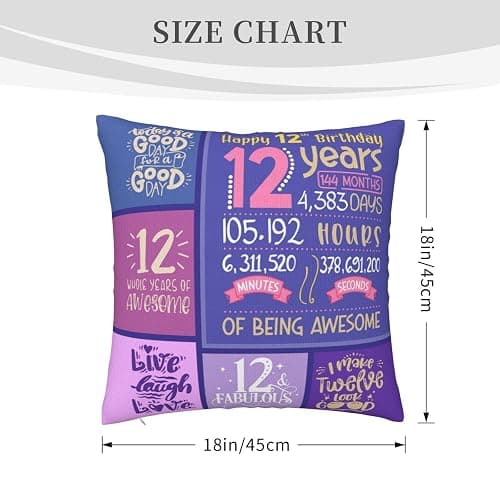 Skizbcw 12 Year Old Girl Gifts Ideas - Top Birthday Gifts for 12 Year Old Girl - 12th Birthday Decorations for Girls - 12th Girls Gift for Bday Throw Pillow Covers 18 x 18 inch - 18" x 18" (Pack of 1) - 12th thumbnail 3
