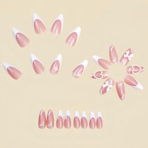 White French Tip Press on Nails Medium Almond Fake Nails with White Bow Flower Designs Glossy Valentines Pearl Heart Charms False Nails False Nails Press ons Cute Floral Acrylic Nails for Women 24Pcs thumbnail 2
