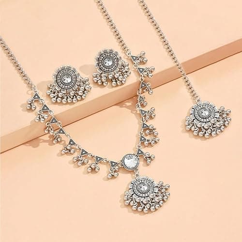 Indian Ethnic Jhumka Jewelry Set for Women Bead Ball Stud Earrings Maang Tikka Oxidized Antique Traditional Jhumki Pendant Bib Choker Necklace Boho Gypsy Wedding Bridal Jewelry Dance Prom Accessories thumbnail 4