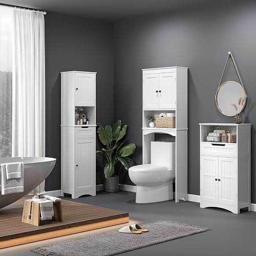 Bealife Over The Toilet Storage Cabinet with Open Shelf, Organizer with Adjustable Shelf and Double Doors,Over The Toilet Storage Shelf Free Standing- White thumbnail 8