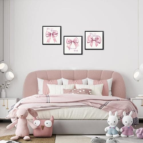 WELMECO Bow Wall Decor Girls Positive Inspirational Framed Wall Art Set, Bow Painting Picture Art Print Teen Bedroom Bathroom Decor, Black Frame, 12x12inchx3 Pieces Ready to Hang (Pink) thumbnail 3