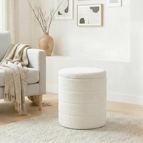 CAIPINFUL 14.5" Round Storage Ottoman,Boucle Sherpa Ottoman with Tray, Faux Teddy Foot Rest Coffee Table for Bedroom Dorm Living Room,White thumbnail 4