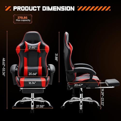Sweetcrispy Video Game Desk Chair - Ergonomic Computer with Footrest and Comfy Lumbar Support, PU Leather Recliner with Headrest, Fixed Up Armrest, Height Adjustable with 360° Swivel, for Adults, Red - Red - high back thumbnail 3