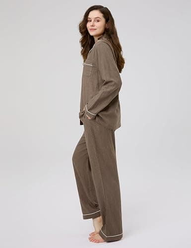 CLOUDCOVE Pajamas for Women Set 100% Gauze Cotton Linen Feel Pajama 2 Piece Sleepwear Nightwear Soft Button Pjs Lounge Set thumbnail 2
