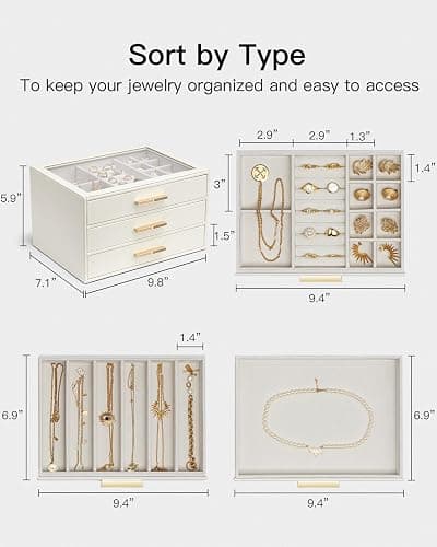Vlando Jewelry Box for Women, Glass Lid Jewelry Organizer with 3 Drawers for Necklaces Rings Earrings Bracelets Mother Day Gift for Mom - Cloud White thumbnail 3