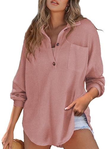 Astylish Women Waffle Knit Tops Henley Shirts Long Sleeve V Neck Solid Color Casual Tunic - Image 1