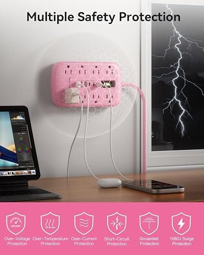 Pink Extension Cord with 6 USB(3 USB-C) 8 Outlets, Flat Plug Power Strip | 5FT, 1625W, Surge Protector, USB-C (15W), Cute Kawaii Pink Office Dorm Home Room Decor, Desk Accessories for Women Girl thumbnail 7