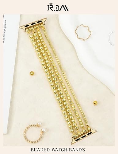JR.DM Gold Beaded Bracelet Bands Women Compatible with Apple Watch 42mm(S3/2/1) 44mm 45mm 46mm 49mm Dressy Pretty Stretchy Elastic Jewelry Strap for iWatch Series 11/10/9/8/7/6/5/4/3/2/1/SE/Ultra thumbnail 4