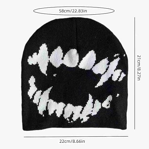 Winatehr Black Graphic Beanie for Men Women, Streetwear y2k Knitted Hat, Slouchy Goth Skull Cap (2 pcs) thumbnail 5
