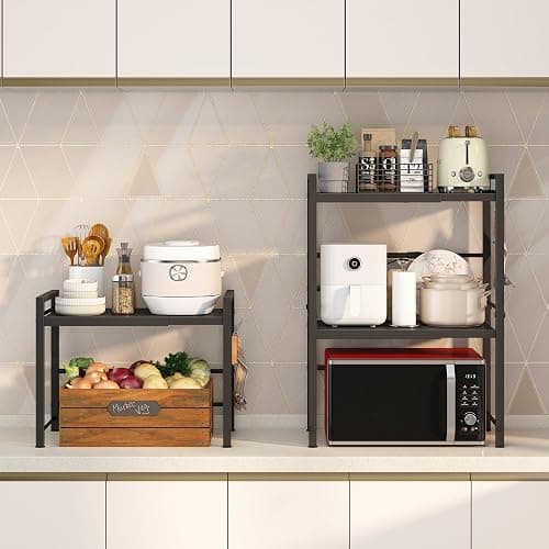 DOLALIKE Expandable Microwave Rack, Countertop Kitchen Utensils Tableware Storage, Carbon Steel 3 Tier Shelf with 3 Hooks thumbnail 2