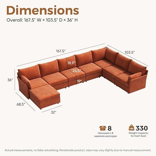 ABCASA 167.5" Oversized Modular Sectional Sofa, U Shaped Convertible Couch with Movable Ottoman, Large 8 Seat Corner Couches for Living Room Deep Seat Terracotta Chenille thumbnail 2