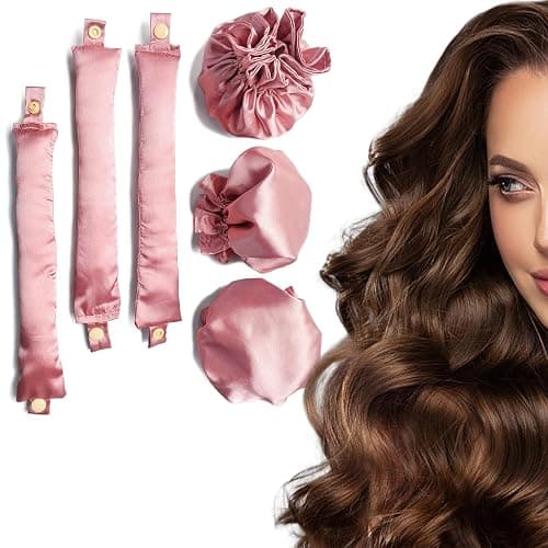 3Sets/6PCS Ariuvor New Satin Heatless Hair Curler,Hair Rollers for Heatless Curls with Hair Caps,Soft Heatless Curling Rod Headband for Long Hair,No Heat Curling to Sleep in Overnight (pink) - Image 1