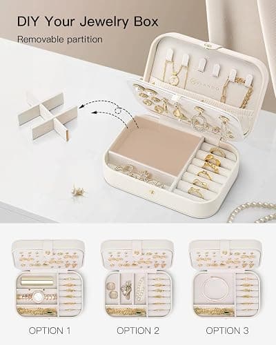 VLANDO Travel Jewelry Case for Women Girls, Gifts for Mother, PU Leather Small Jewelry Box for Rings, Necklaces, Bracelets, Earring Holder Organizer Storage for Travel Essentials - Beige thumbnail 4