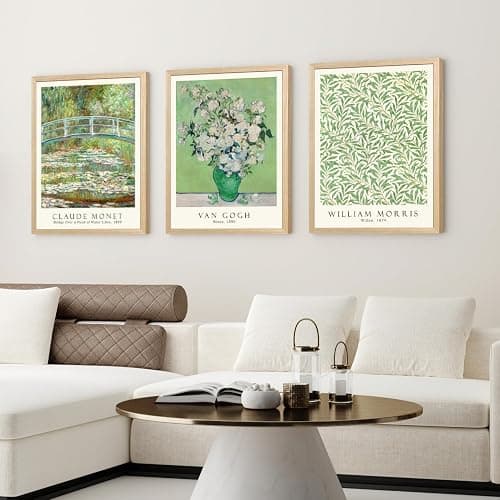 FASWQ Wood Framed Monet Van Gogh William Morris Wall Art, Grass Botanical Wall Decor, Mid Century Impressionist Canvas Paintings, Modern Green Landscape Poster Print for Living Room Bedroom 12"x16"x3 thumbnail 6