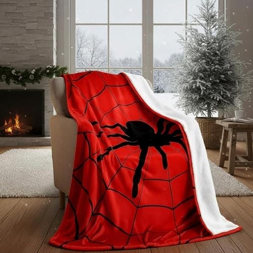 Breling Spider and Spiderweb Throw Blanket 50"x60" Red and Black Spider Web Blanket Winter Warm Decor Fluffy Soft Flannel for Couch Home Decor Gifts - Image 1