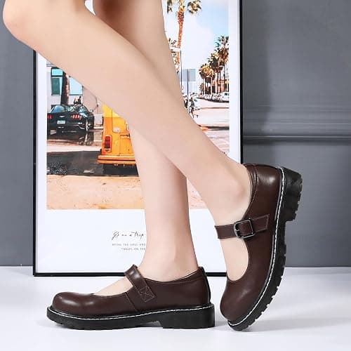 XMM Mary Jane Shoes Women Oxford Shoes Leather Round Toe Flats Non-Slip Ankle Buckle Strap Comfort Casual Dressy Cosplay Party School Work Shoes thumbnail 3