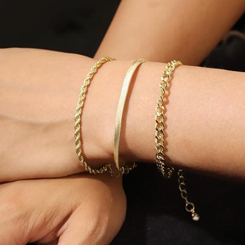 14K Gold Chai14K Gold Chain Bracelets Set for Women, Dainty Paperclip Link Bead Stackable Layered Bracelets Metal Fashion Jewelry thumbnail 5