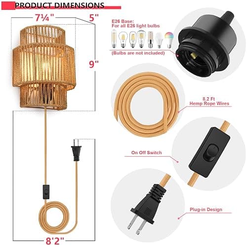 AKEETO Plug-in Wall Sconces Set of 2, Handwoven Bohemian Wall Decor with Switch, Wall Lights Fixtures for Bedroom Living Room Hallway Porch thumbnail 2