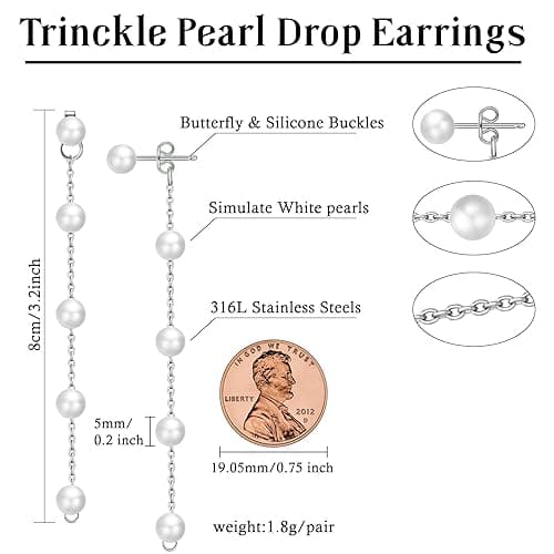 Trinckle Pearl Earrings for Women, Gold Pearl Drop Earrings Dainty Silver Dangle Earring for Wedding, Bow Stud Jewelry as Christmas Gifts Statement Silver Hoop Bride Earring as Boho Prom Accessories thumbnail 7