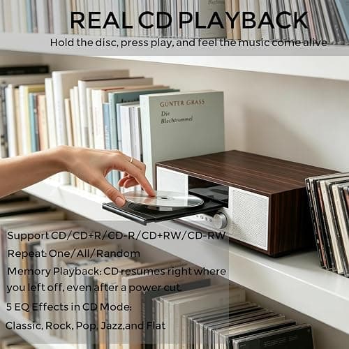 LONPOO Bluetooth Stereo System for Home, 40W CD Player with Speaker | DSP Enhanced Audio, Real Wood Enclosure,12mm Thick MDF, Aluminum Panel, 3" Woofer, Preset 20 Programmable FM Stations,Silver thumbnail 3