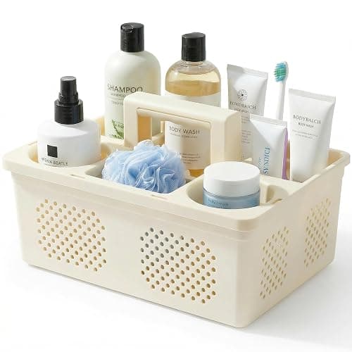 KMV Dorm Room Portable Shower Caddy with Adjustable Compartments - Ventilated Drainage Design with Handles, Perfect Toiletries Organizer for College Dorms-beige - Image 1