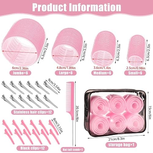 4 Sizes Self-Grip Hair Rollers Set for Long, Short Hair and Bangs - 50 Pcs with Clips (25mm, 36mm, 48mm, 60mm), Pink thumbnail 2