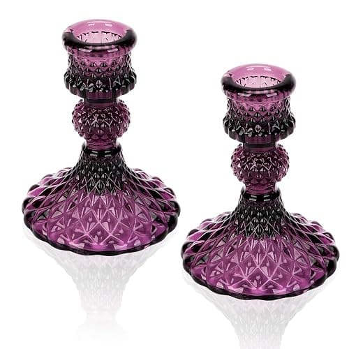 Glass Candle Holder, 2PCS Decorative Candle Sticks Pillar Candle Stand for Formal Events Wedding Party Table Centerpieces Home Decoration, Dark Purple - Image 1