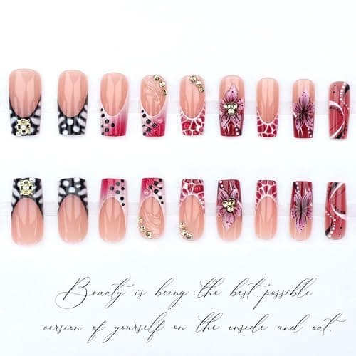 Auroriel 24 Stk Lange Quadratische Press On Nails Rosa French Tip mit Krokodilmuster Handgefertigte 3D Blumen Strass Kunstnägel Vollflächig Kleben Fall Acrylic Nail Set für Damen thumbnail 4