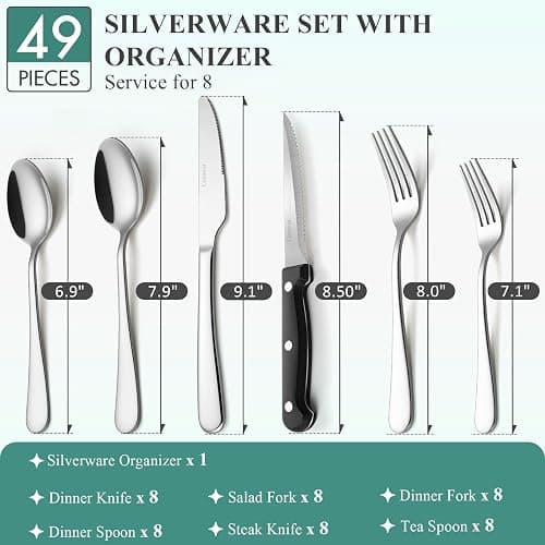 Csoravist 49-Piece Silverware Set with Bamboo Organizer for 8, Heavy-Duty Stainless Steel Flatware Set with Steak Knives, Rust-Proof & Mirror Polished, Dishwasher Safe(organizer is only for packaging) thumbnail 3
