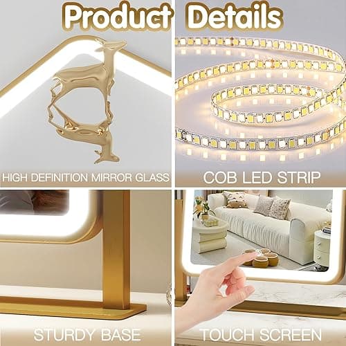 FENNIO Vanity Mirror with Lights 14x12 Inch - Makeup Mirror with Lights Tabletop, 3-Color Dimmable Lighted Mirror, Touch Control Desktop Mirror for Women (Gold) - Gold - 14"L x 12"W thumbnail 4