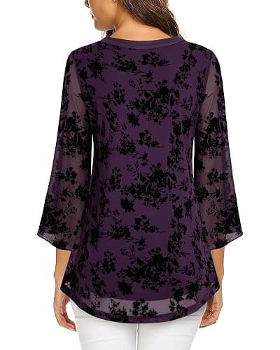VALOLIA Women's 3/4 Sleeve Floral Tunic Tops V Neck Double Layers Loose Fit Mesh Blouses Shirt thumbnail 4