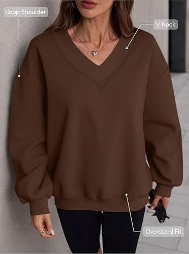 Hilinker Womens V Neck Oversized Sweatshirts Long Sleeve Pullover | Drop Shoulder, Soft Fleece, Cotton Blend, Loose Fit, Ribbed Hem, Casual Tops, Fall Winter Outfits, Everyday Wear, Lounge thumbnail 3