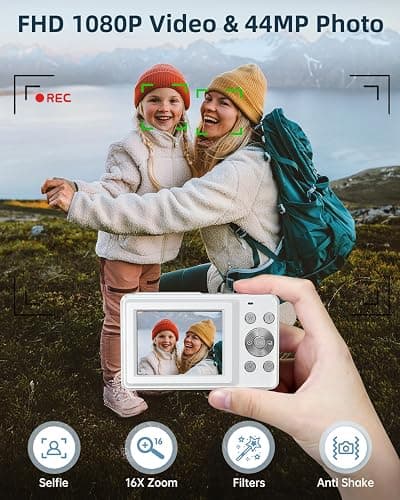 CAMKORY Digital Camera, 44MP Kids Camera with 16X Zoom, FHD 1080P Video, White thumbnail 2