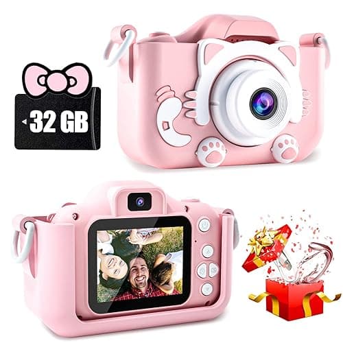 CIMELR Kids Camera Toys for 3 4 5 6 7 8 9 10 11 12 Year Old Boys/Girls, Kids Digital Camera for Toddler with Video, Christmas Birthday Festival Gifts for Kids, Selfie Camera for Kids, 32GB SD Card - Pink Cat