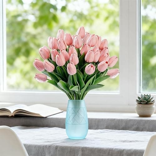 SHUERIET 20 Pcs Pink Artificial Tulips Faux Flowers, Real Touch Lifelike Fake Flower Bouquet, Home Kitchen Wedding Party Decorations, Spring Floral Arrangement thumbnail 5
