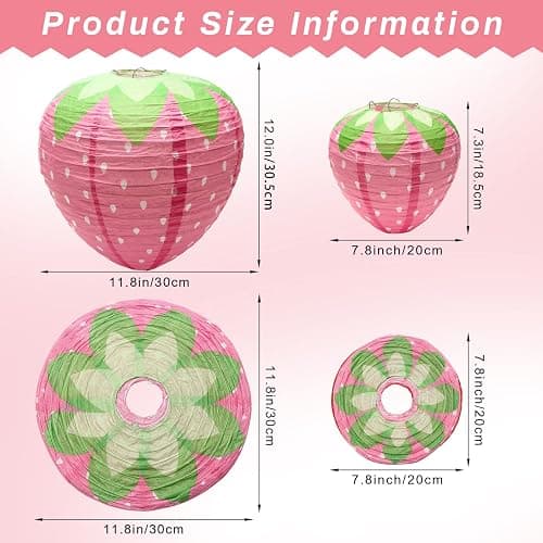 4 PCS Strawberry Paper Lantern Pink, Windspeed Large Strawberry Lantern Decorations Hanging Paper Lantern for Strawberry Party Decor 3D Strawberry Paper Lanterns 8 inch, 12 inch thumbnail 3