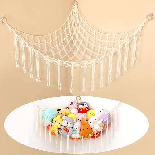 Toy Hammock for Stuffed Animals, 41"*41"*59" Soft Cuddly Plush Toys Macrame Net, Corner Hanging Organizer for Nursery Decor - Image 1