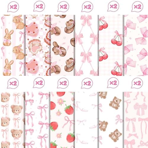 24 Sheets Pink Bow Scrapbook Paper Pink Cute Rabbit Bear Cherry Strawberry Patterned Paper for Card Making Scrapbook Photo Album Journal DIY Craft, 11.8 × 11.8 Inches thumbnail 4