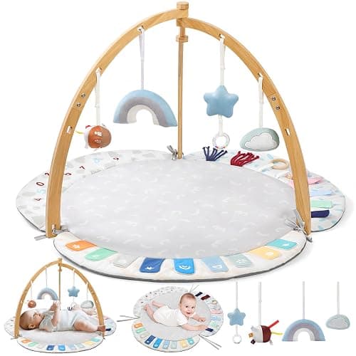 EXIN DECHEN Baby Play Gym & Activity Mat,Natural Organic Bamboo Frame with 4 Detachable Sensory Toys,Tummy Time Mat,Play Mat for Babies 0-6 Months,Newborn Play Mat,Baby Essentials Gifts - Image 1