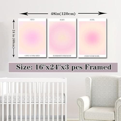 Trendy Aesthetic Canvas Wall Art Aesthetic Set of 3 | Gradient Psychedelic Aura Angel Posters Prints Room Decor | Pink Wall Art Decor for Bedroom, Living Room - Framed 16x24 Inch - 16"x24"x3 Framed - Pink thumbnail 5